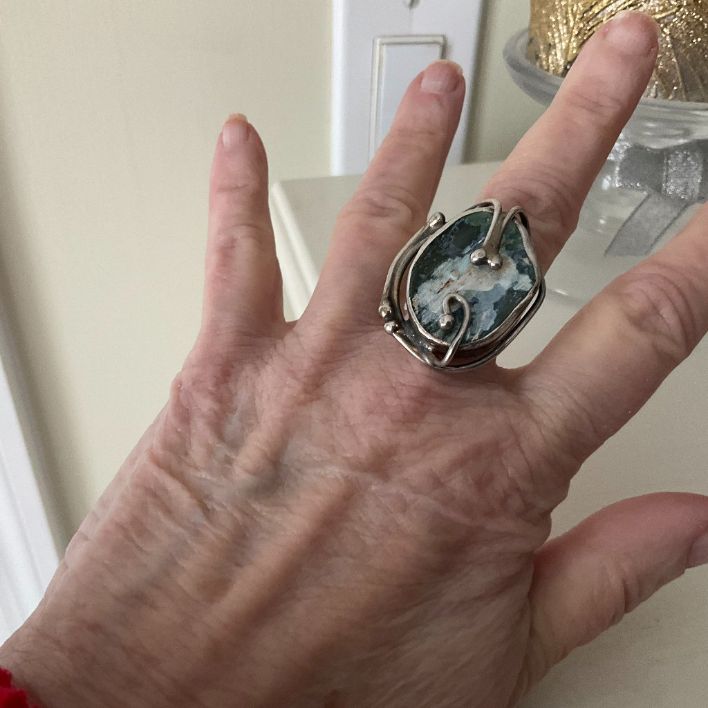 Vintage Roman Glass And 925 Silver Ring One-Of-A-Kind
